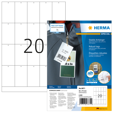 Etikettenbogen mit stabilen Anhängern, Produktdetails und Softwarehinweis. Enthält 20 Etiketten in der Größe 42 x 70 mm.