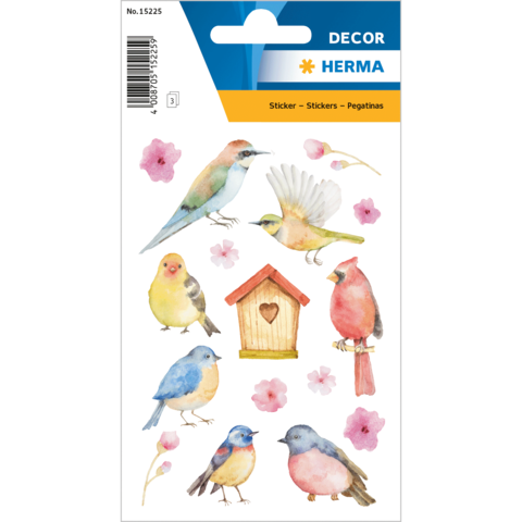 Bunte Vögel und ein Vogelhaus in Aquarellstil, umgeben von blühenden Zweigen. Ideal für Dekoration oder Bastelprojekte.