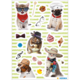 Katze en honden in verschillende leuke outfits en accessoires, waaronder zonnebrillen, hoeden en sjaals, op een gestreepte achtergrond.