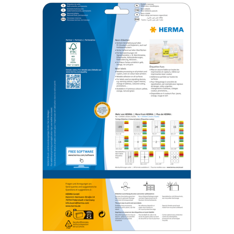 Produktverpackung von HERMA mit Informationen zu Software, Anwendungshinweisen und einem QR-Code. Enthält eine Übersicht von Etiketten.
