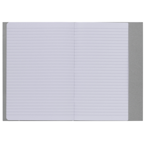 Offenes Notizbuch mit leeren, linierten Seiten. Die Seiten sind hellblau und die Einbandfarbe ist grau.