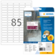 Etikettenbogen mit 85 Etiketten, robust und strapazierfähig, verpackt in einer transparenten Hülle mit Anweisungen und Software-Hinweis.