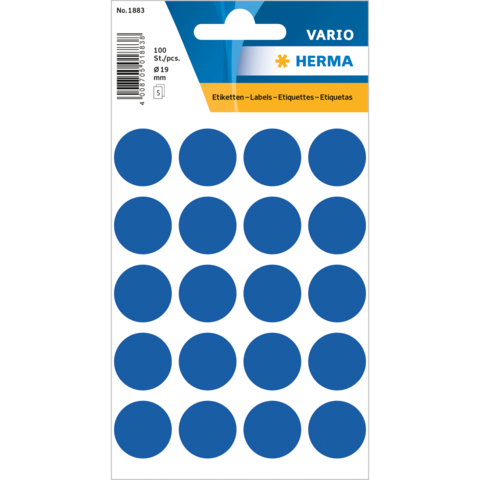 Blaues Etikettenblatt mit 100 runden Aufklebern in 19 mm Durchmesser, verpackt in einer transparenten Hülle.