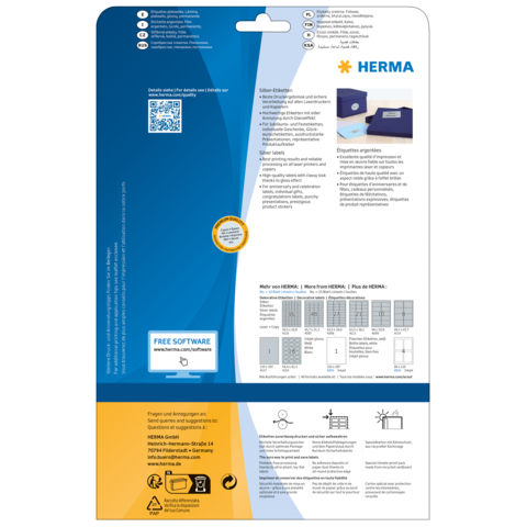 Rückseite einer Verpackung für Etiketten von HERMA, mit Anweisungen, QR-Code und Informationen zu kostenloser Software.