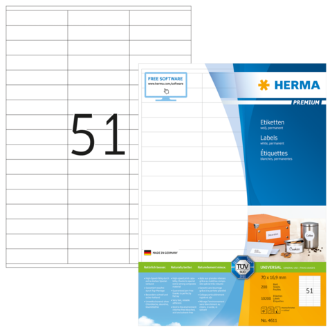Etikettenblatt mit der Nummer 51, das die Marke Herma zeigt, sowie Informationen zu Größe und Verwendung von Etiketten.