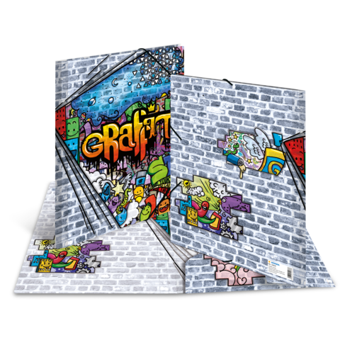 Bunte Graffiti-Kunst auf einer Mauer, die verschiedene Figuren und Designs zeigt, darunter Engel und farbenfrohe Muster.