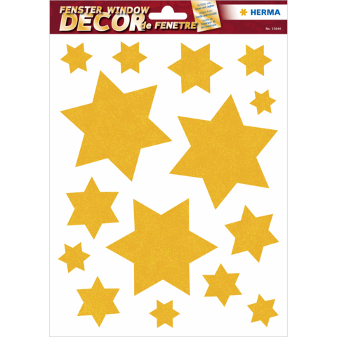 Gelbe Sterne in verschiedenen Größen auf einem Bogen für Fensterdekoration. Ideal für festliche Anlässe oder kreative Bastelprojekte.