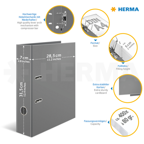 Grijze ringmap met hefmechanisme, afmetingen 31,5 cm x 28,5 cm x 7 cm, geschikt voor A4-documenten, capaciteit ongeveer 400 bladen.