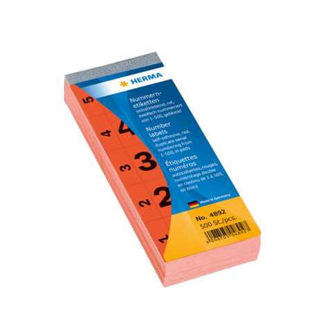 Nummer etiketten in orange, 500 Stück, mit Zahlen von 1 bis 100, verpackt in einer blauen und orangefarbenen Box.