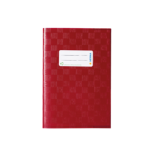 Rotes Notizbuch mit einem Aufkleber auf der Vorderseite, der Platz für einen Namen bietet.