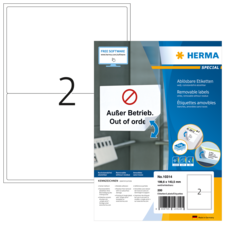 Ablösbare Etiketten mit der Aufschrift "Außer Betrieb" und "Out of order", verpackt in einer Herma-Hülle.