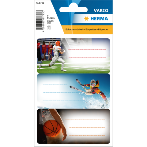 Sportieve etiketten met motieven van American football, skiën en basketbal, elk met ruimte voor teksten.