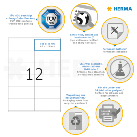TÜV SÜD bevestigt storingsvrij afdrukken. Bevat informatie over etiketten met permanente hechting, chloorvrij gebleekt, geschikt voor laser- en inkjetprinters.