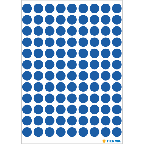 Blatt mit blauen, runden Aufklebern in gleichmäßiger Anordnung auf weißem Hintergrund.