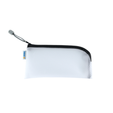 Weiße, rechteckige Federtasche mit schwarzem Reißverschluss und grauem Zipper. Ideal für Stifte und kleine Schreibutensilien.