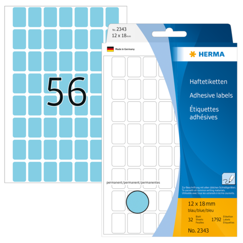 Blaues Etikettenblatt mit 32 Haftetiketten, Größe 12 x 18 mm, und der Nummer 56 auf der Vorderseite. Verpackung von HERMA.