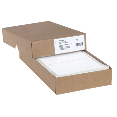 Braune Kartonbox mit herausziehbarem Fach, das leere Blätter enthält. Etikett auf der Vorderseite mit Produktinformationen.