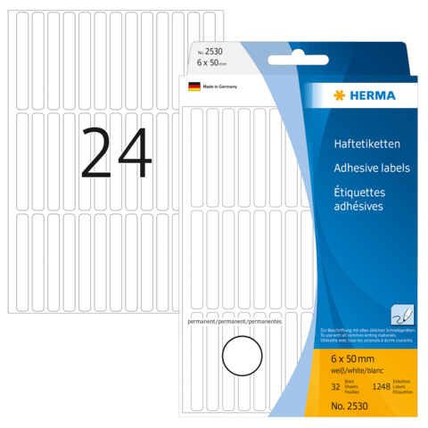 Haftetiketten in weiß, 6 x 50 mm, 32 Stück pro Blatt, mit der Nummer 24 auf der Vorderseite, hergestellt von HERMA in Deutschland.