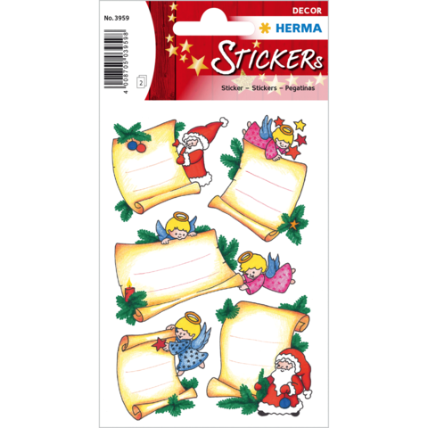 Weihnachtliche Aufkleber mit Engeln und Santa, die auf dekorativen Schriftrollen stehen. Enthält leere Bereiche zum Beschriften.