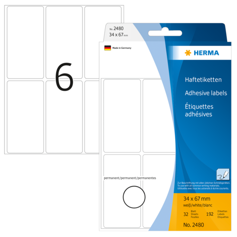 Haftetiketten von HERMA, 34 x 67 mm, 32 Stück, permanent, mit Platz für Beschriftungen, auf weißem Hintergrund.