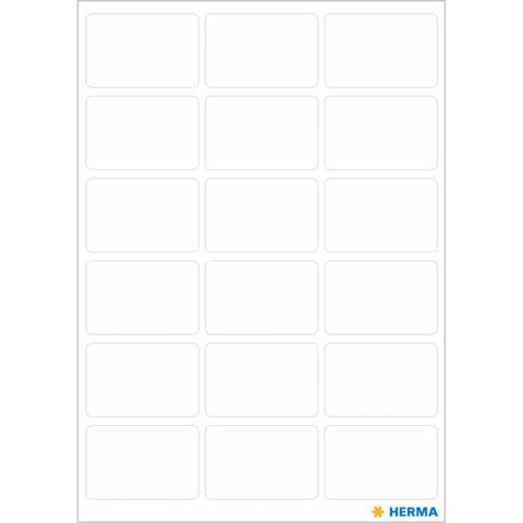 Leere Etikettenblätter mit 15 rechteckigen Feldern, geeignet für Beschriftungen oder Aufkleber. Markenname "HERMA" in der unteren Ecke.