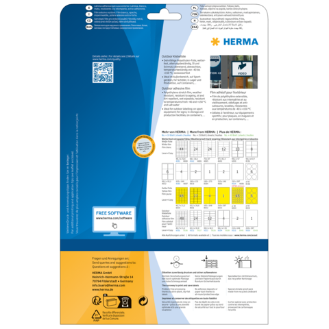 Rückseite einer Verpackung mit Anweisungen, QR-Code und Informationen zu HERMA Produkten sowie einem Hinweis auf kostenlose Software.