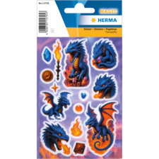 Stickers met blauwe draken, magische symbolen, vlammen en een kristal. Bevat verschillende ontwerpen voor creatieve projecten.