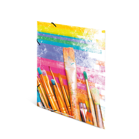 Bunte Pinsel in verschiedenen Größen liegen auf einem Hintergrund mit horizontalen Streifen in lebhaften Farben.