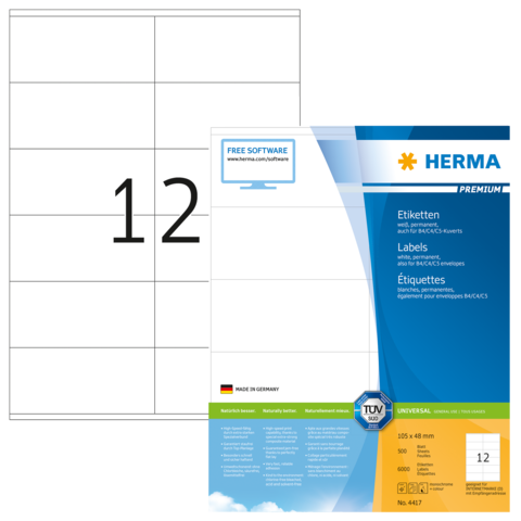 Etikettenblatt mit 12 leeren Feldern und Verpackung von HERMA Premium, inklusive Hinweis auf kostenlose Software zur Etikettenerstellung.