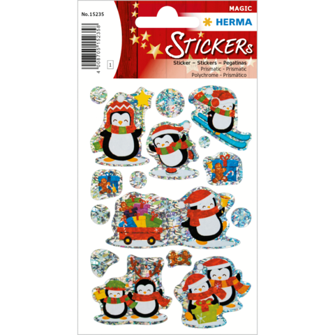 Bunte Aufkleber mit Pinguinen, Weihnachtsmännern, Geschenken und winterlichen Motiven auf einem Bogen.