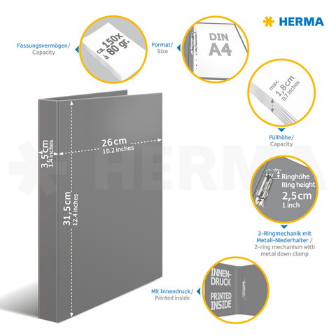 Stabiler Kartonordner mit DIN A4 Format, 2-Ringmechanik, 80 g/m² Kapazität und Innen-Druck. Maße: 26 x 31,5 cm.