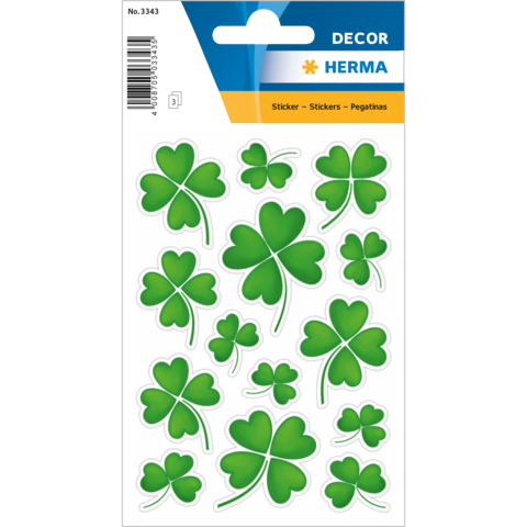 Grüne Kleeblatt-Aufkleber in verschiedenen Größen auf einem weißen Hintergrund, verpackt in einer dekorativen Blisterverpackung.