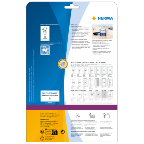 Verpackungsrückseite von HERMA mit Informationen zu Software, Anwendungshinweisen und Produktdetails. Enthält Grafiken und QR-Code.