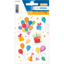 Bunte Aufkleber mit Luftballons, Geschenken und einer Geburtstagstorte, geeignet für Feierlichkeiten und Dekorationen.