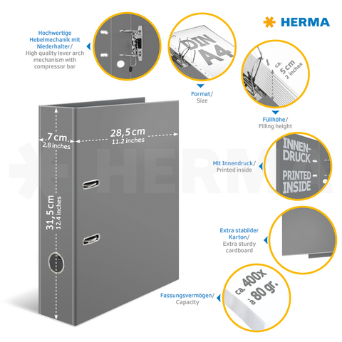Grijze ringband met hoogwaardige hefmechanisme, A4-formaat, 7 cm rugbreedte, capaciteit voor 400 vellen, extra stevige karton.