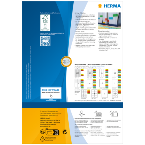 Rückseite eines Produkts von HERMA mit Informationen zu Etiketten, Software und Anwendungsbeispielen. Enthält QR-Code und Grafiken.