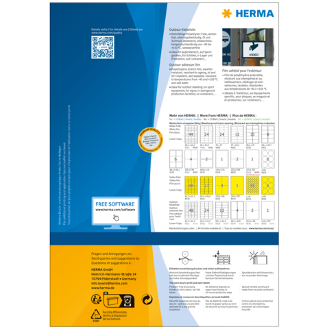 Produktinformation von HERMA mit QR-Code, Anleitungen zur Verwendung von Outdoor-Folien und Softwareangeboten.