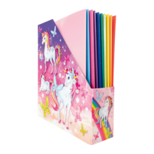 Ein Ordner mit Einhorn-Motiv, der farbige Trennblätter in verschiedenen Farben enthält.