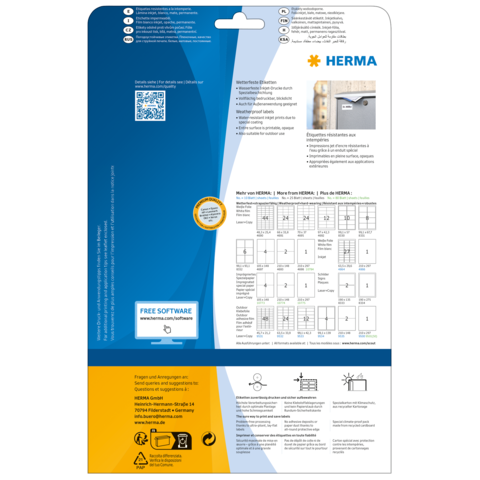 Rückseite einer Verpackung mit Informationen zu HERMA Produkten, einschließlich QR-Code und Hinweisen zur kostenlosen Software.