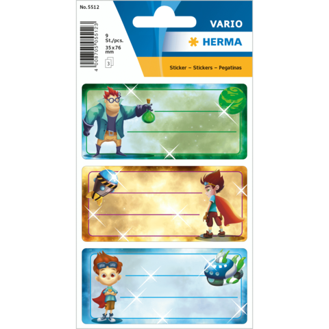 Aufkleber mit drei verschiedenen Charakteren in bunten Hintergründen, jeweils mit Platz für Beschriftungen.