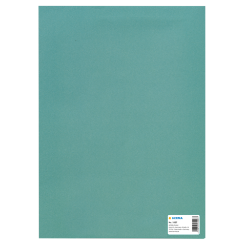 Grüner, glatter Karton mit einem Aufkleber in der unteren rechten Ecke, der Informationen über das Produkt enthält.