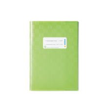Ein grünes Notizbuch mit einem weißen Etikett auf der Vorderseite, das Platz für Beschriftungen bietet.