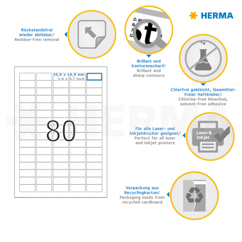 Selbstklebende Etiketten mit den Maßen 35,6 x 16,9 mm, geeignet für Laser- und Tintenstrahldrucker, umweltfreundliche Verpackung.