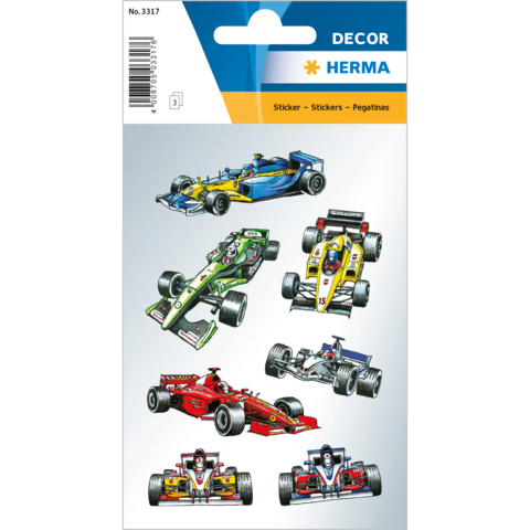 Aufkleber mit verschiedenen Formel-1-Rennwagen in unterschiedlichen Farben und Designs. Enthält insgesamt sechs verschiedene Modelle.