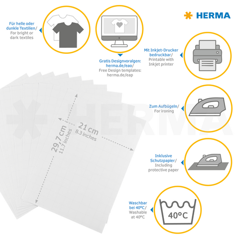 Transferpapier voor textiel, afdrukbaar met een inkjetprinter. Bevat beschermpapier, wasbaar op 40°C, geschikt voor lichte en donkere stoffen.