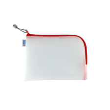 Weiße Tasche mit rotem Reißverschluss, ideal für die Aufbewahrung von Schreibwaren oder kleinen Gegenständen.