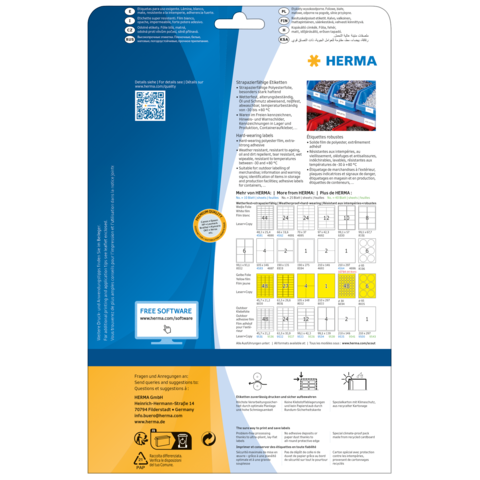Rückseite einer Verpackung mit Informationen zu HERMA Produkten, einschließlich QR-Code und Hinweisen zur kostenlosen Software.