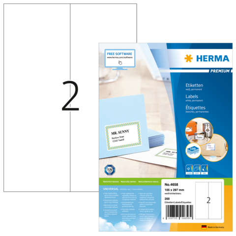 Etikettenpackung von Herma mit 200 permanenten Etiketten in hellblau, inklusive Beispieltext "MR. SUNNY" und Softwarehinweis.
