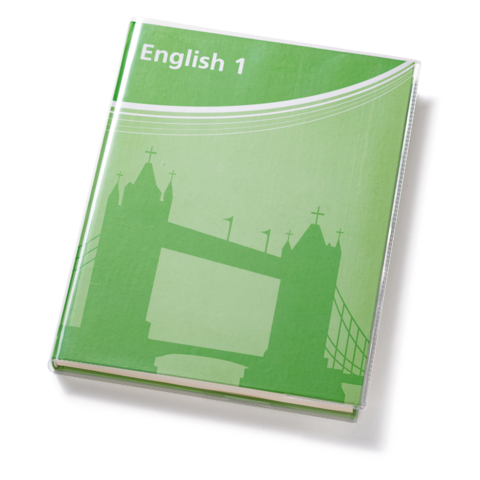 Grünes Buch mit dem Titel "English 1" und einer grafischen Darstellung der Tower Bridge im Hintergrund.
