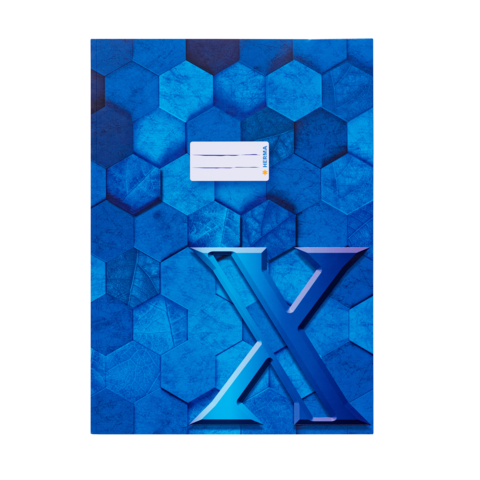 Blaues Notizbuch mit hexagonalem Muster und einem großen, stilisierten "X" auf der Vorderseite. Ein beschriftbarer Bereich ist vorhanden.